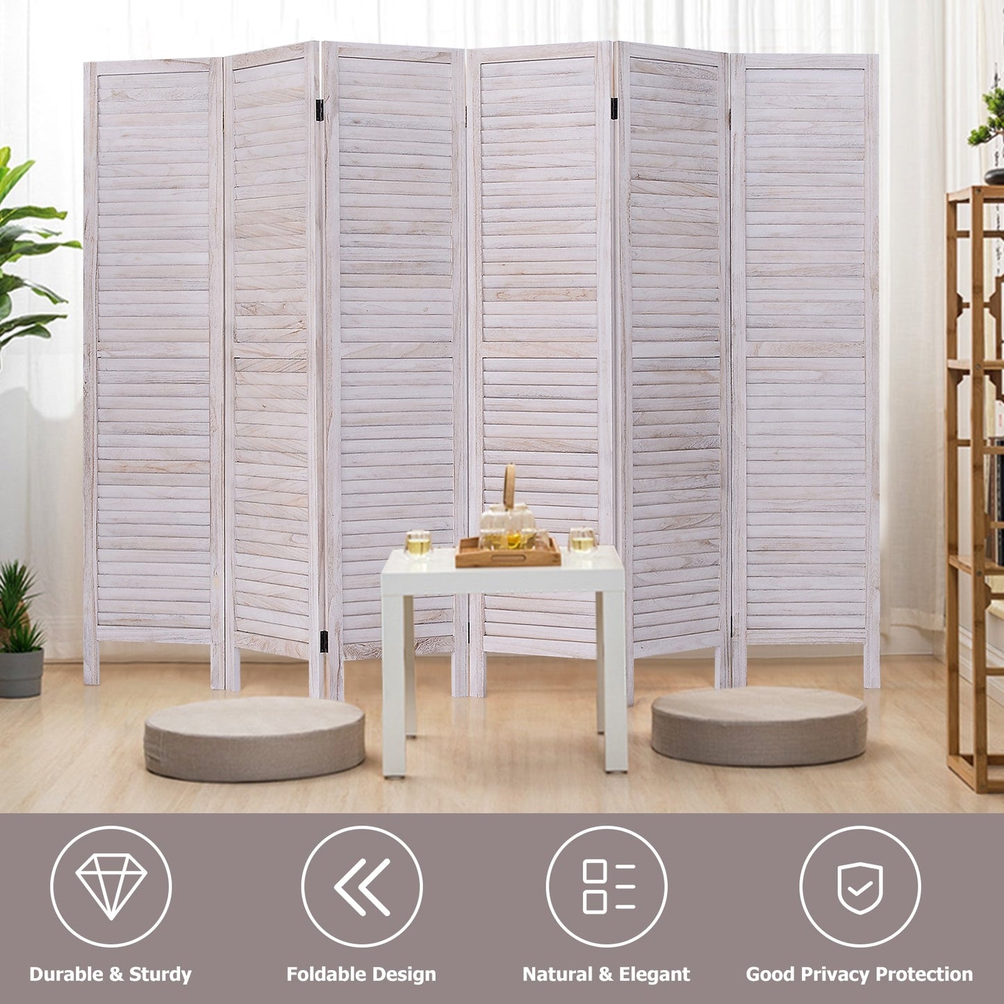 6 Panels Classic Venetian Wooden Slat Room Screen-White