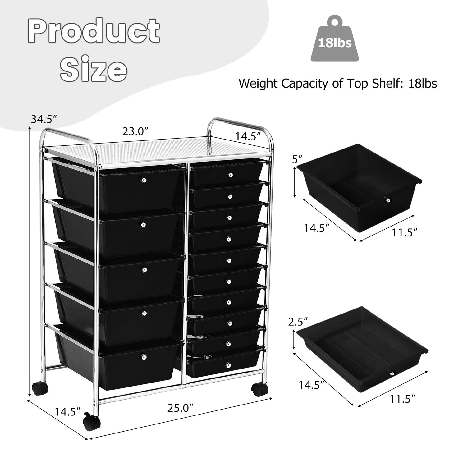 15-Drawer Utility Rolling Cart with Drawers Multi-Use Storage-Icecream Multicolor