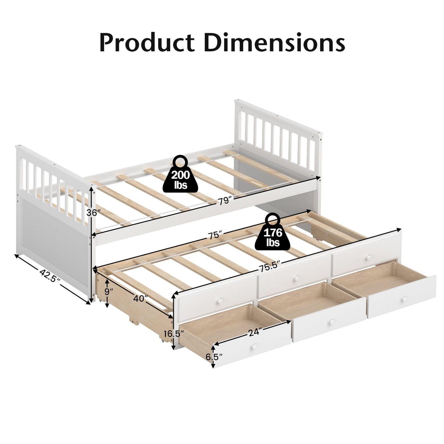 Twin Captain’s Bed with Trundle and 3 Storage Drawers