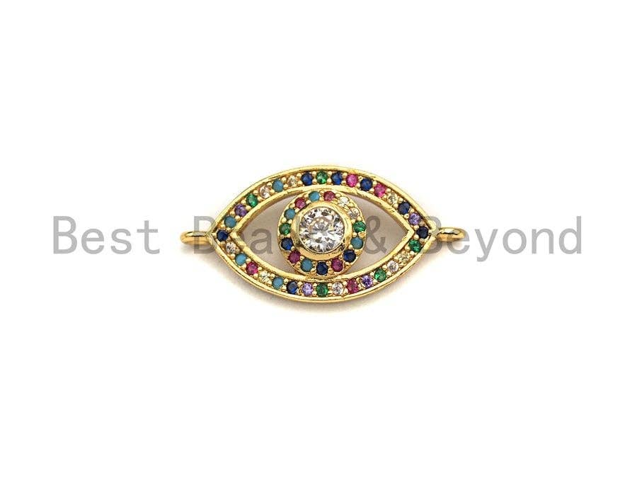 Colorful CZ Micro Pave Evil Eye Shape Connector/Link, Cz Pave Bracelet Necklace Connector in Gold Finish,12x25mm,sku#M252