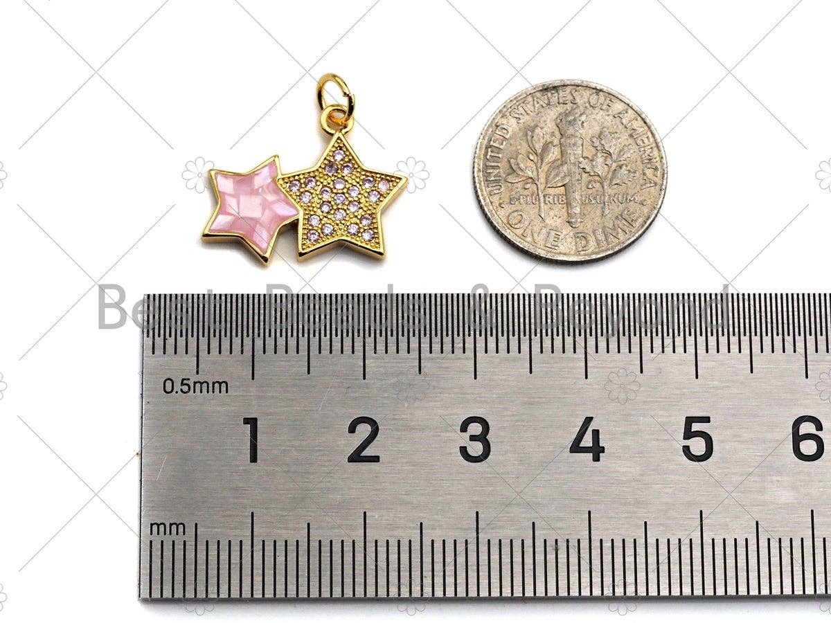 Two Star Pink Pendant/Charm, Pink Mother-of-pearl Star Pendant, Cubic Zirconia Pendant, Gold Tone, 18x15mm, Sku#LK68