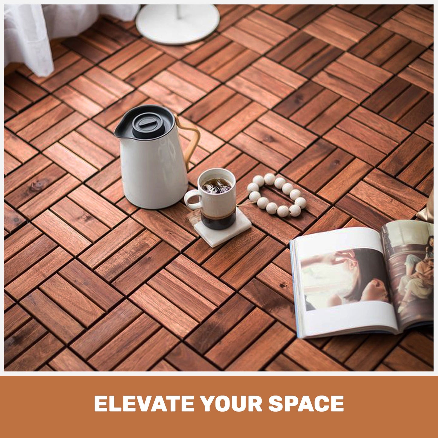 Acacia Wood Interlocking Deck Tiles Checker Pattern, 10PCS 12" x 12" Square