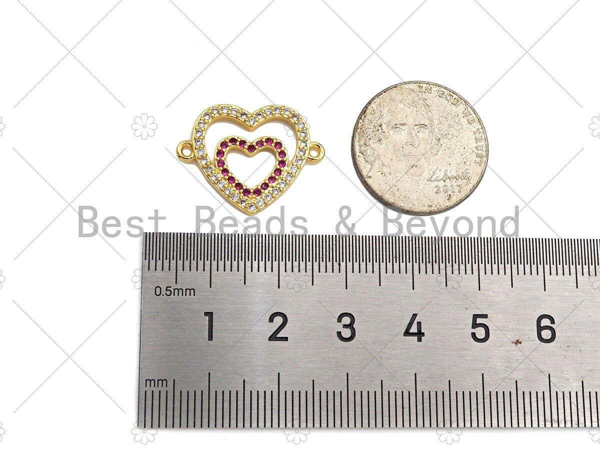 Gold Filled Fuchsia CZ Heart with Clear CZ Heart Shape Connector,18K Gold Filled Heart Charm, Necklace Bracelet Pendant,17x23mm,Sku#LK367