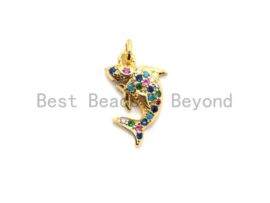 CZ Colorful Micro Pave Shark Pendant, Shark  Shaped Pave Pendant, Gold plated, 10x15mm, Sku#F728