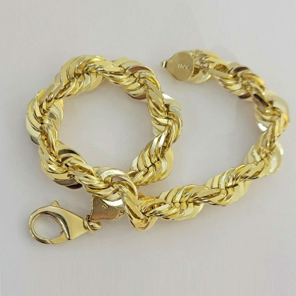 Bracelet chaîne maille corde Homme 6 mm en or jaune 10 carats avec coupe diamant, véritable fabrication italienne, 20,32 cm