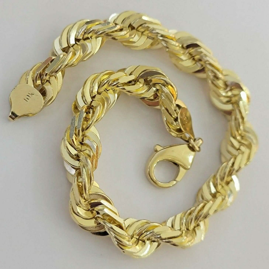 Bracelet chaîne maille corde Homme 6 mm en or jaune 10 carats avec coupe diamant, véritable fabrication italienne, 20,32 cm