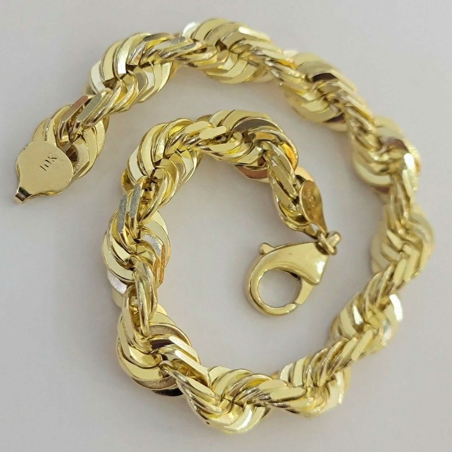 Bracelet chaîne maille corde Homme 6 mm en or jaune 10 carats avec coupe diamant, véritable fabrication italienne, 20,32 cm