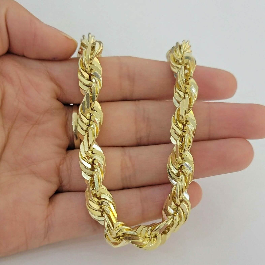 Bracelet chaîne maille corde Homme 6 mm en or jaune 10 carats avec coupe diamant, véritable fabrication italienne, 20,32 cm
