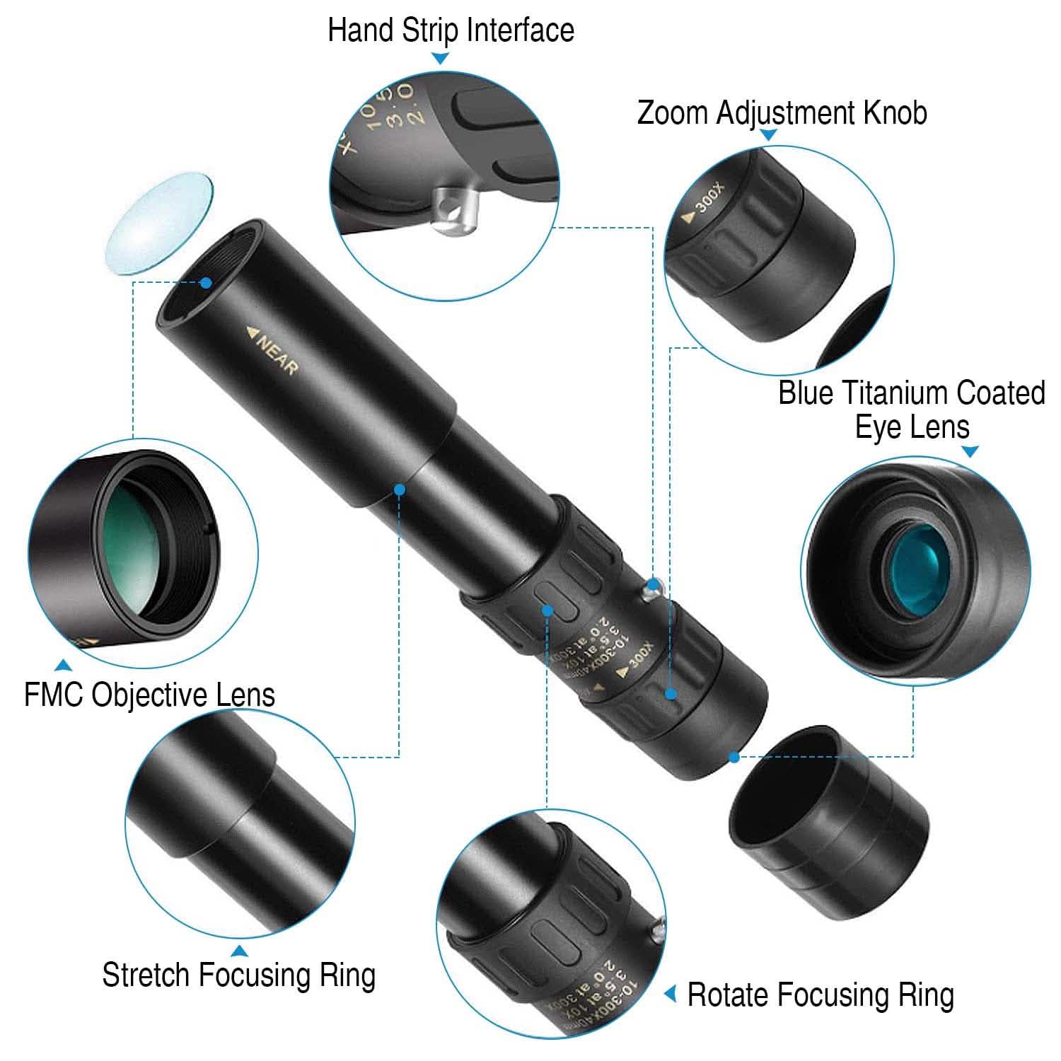 10X-300X Zoom Monocular Telescope High Definition Phone Telephoto Lens