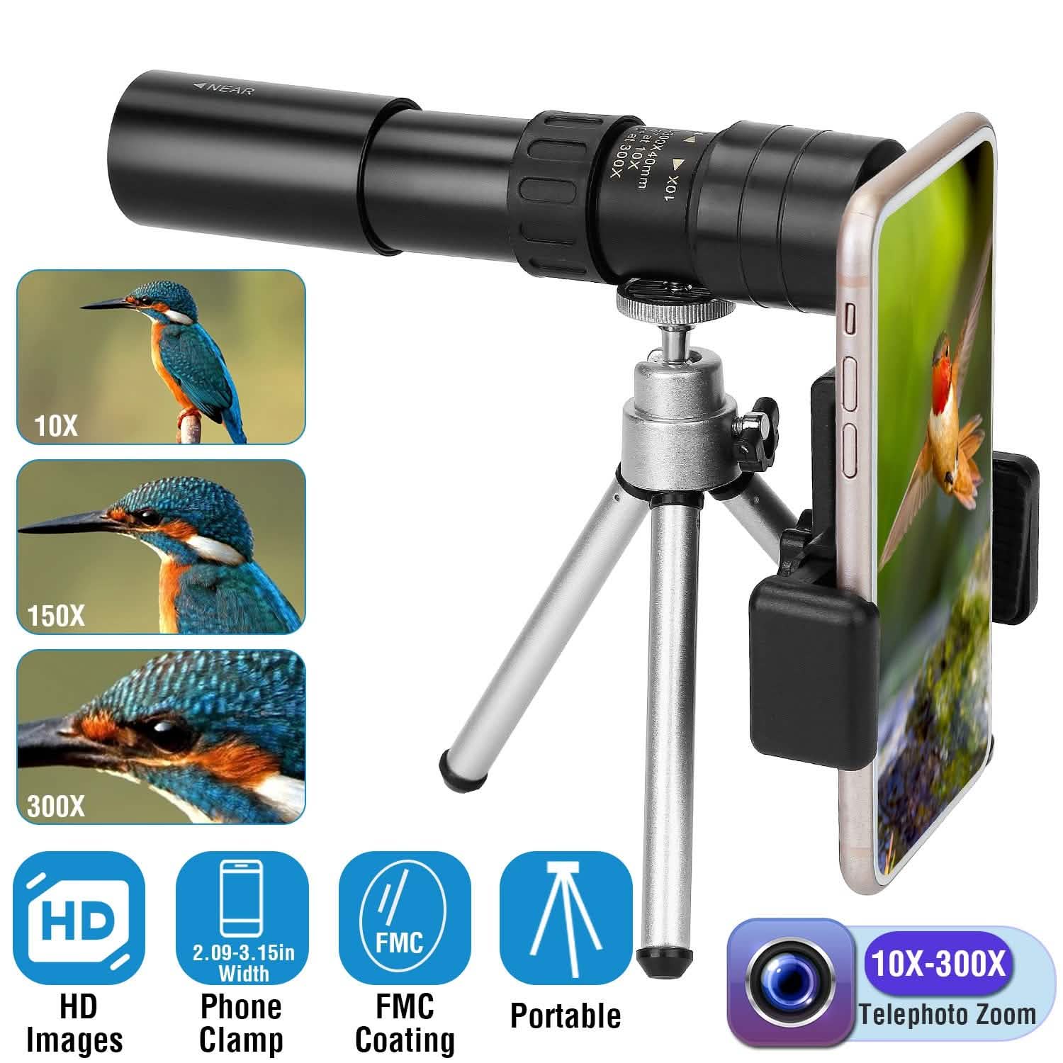 10X-300X Zoom Monocular Telescope High Definition Phone Telephoto Lens
