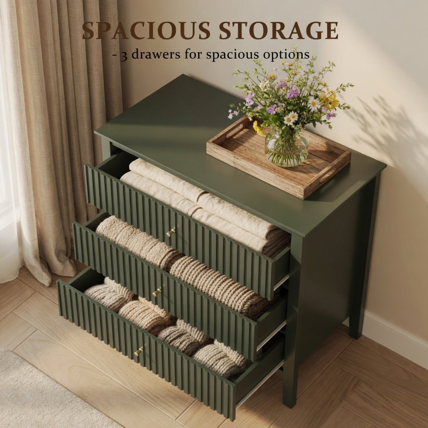 32" Wide Green Fluted 3-Drawer Nightstand