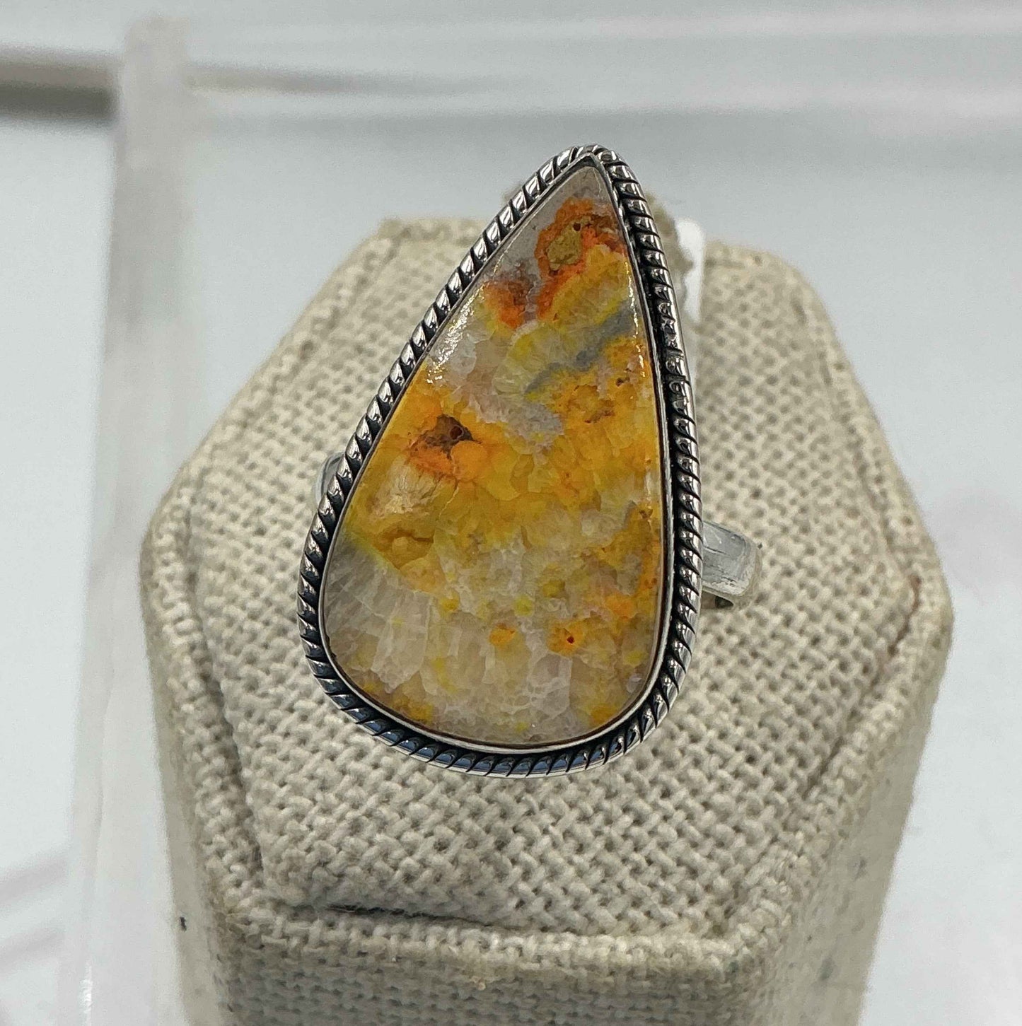 Sterling Silver Bezeled Teardrop Bumblebee Jasper Ring - Size 8 - Joy, Strength, & Personal Power