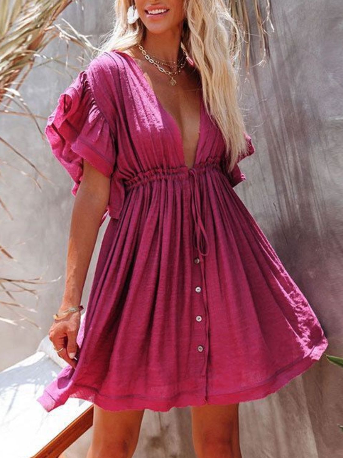 Drawstring Ruffled Half Sleeve Mini Dress