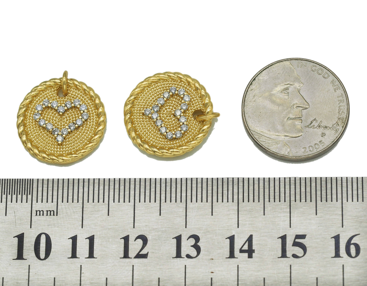 CZ Heart on Round Coin Charm, Sku#LK645