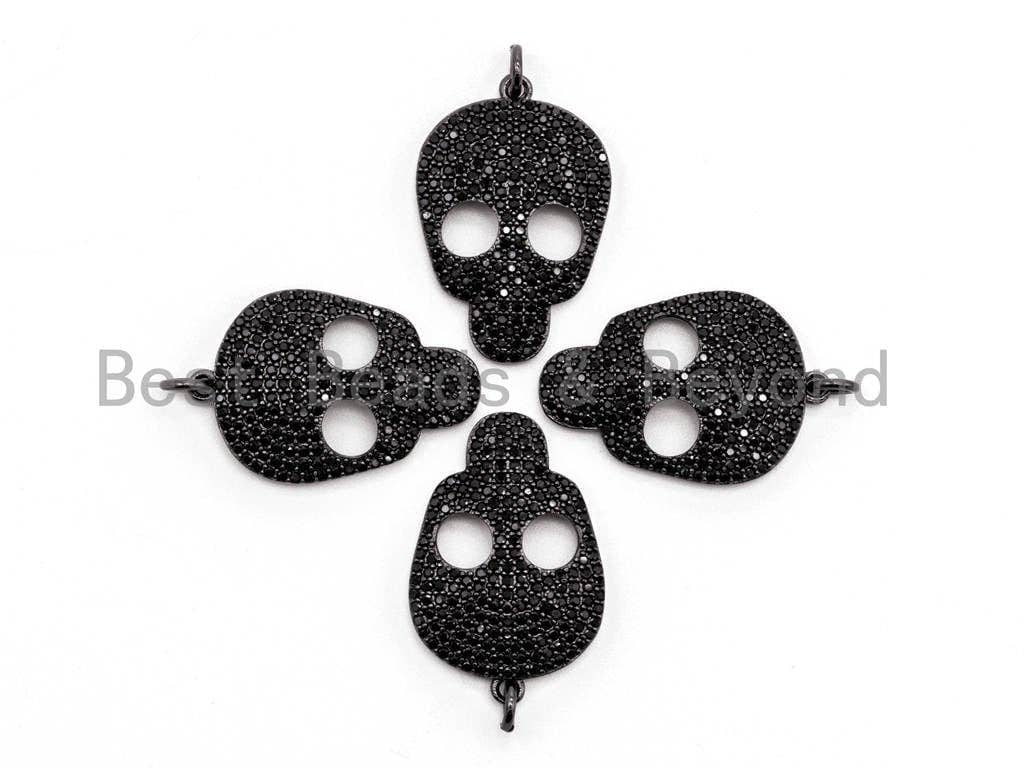Black CZ Pave On Black Micro Pave Skull Head Charm Beads, Halloween Beads, Cubic Zirconia Pave Skull Charm,Skull Pendant 18x27mm, sku#F381