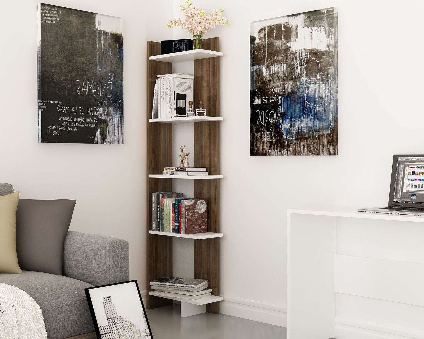 Alice 67” Corner Bookcase – 5-Tier Narrow L-Shaped Wall-Mounted Corner Bookshelf