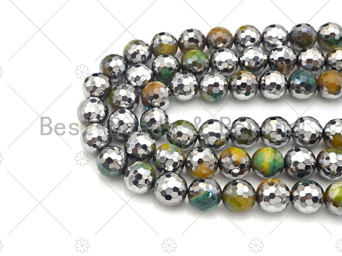 Half Silver Plated Natural Olive Green Agate Beads, 10mm/12mm Round Faceted Olive Agate Beads, 15.5 Full Strand, sku# UA127