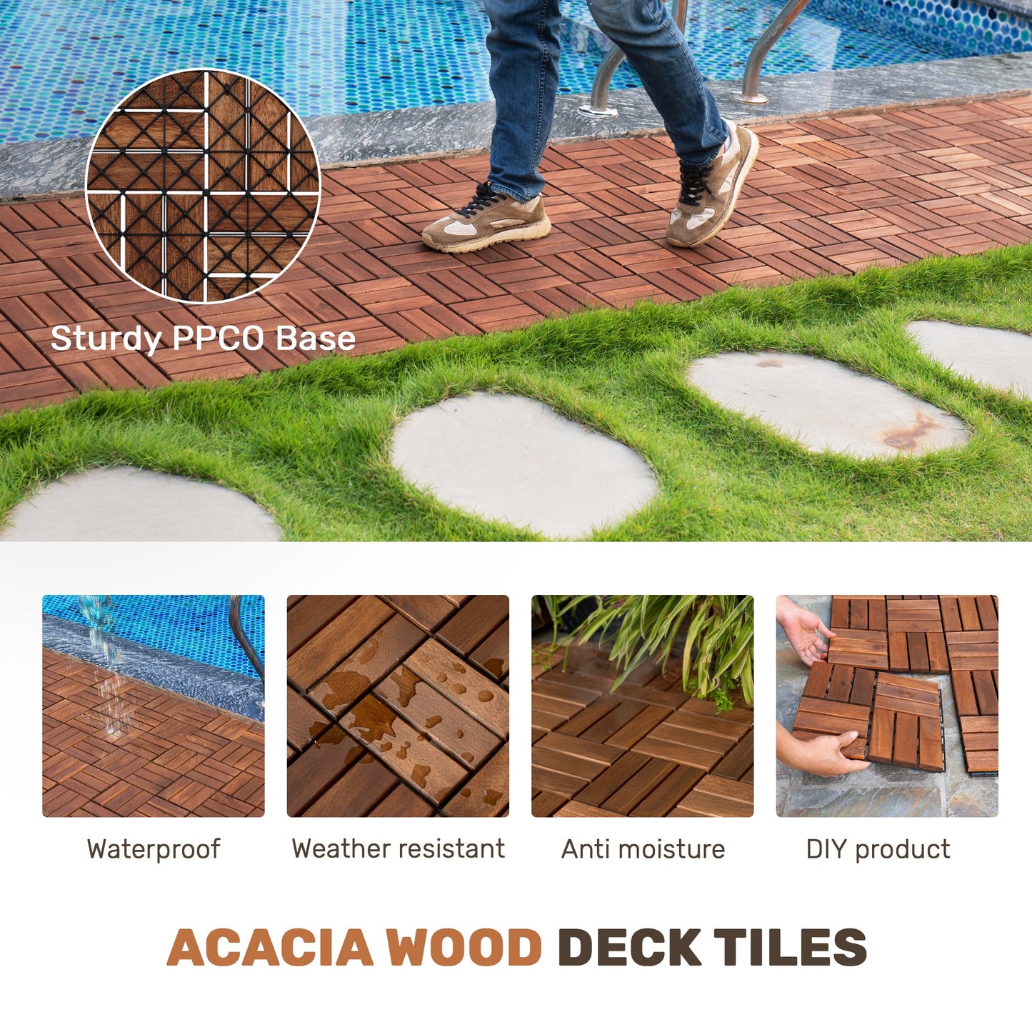 Acacia Wood Interlocking Deck Tiles Checker Pattern
