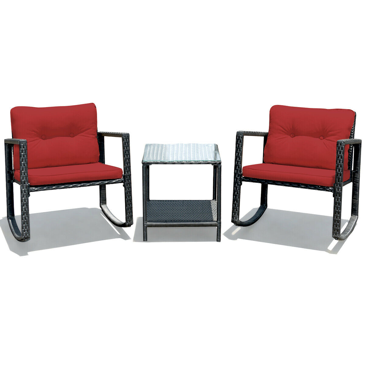 3 Pieces Cushioned Patio Rattan Set with Rocking Chair and Table-Black
