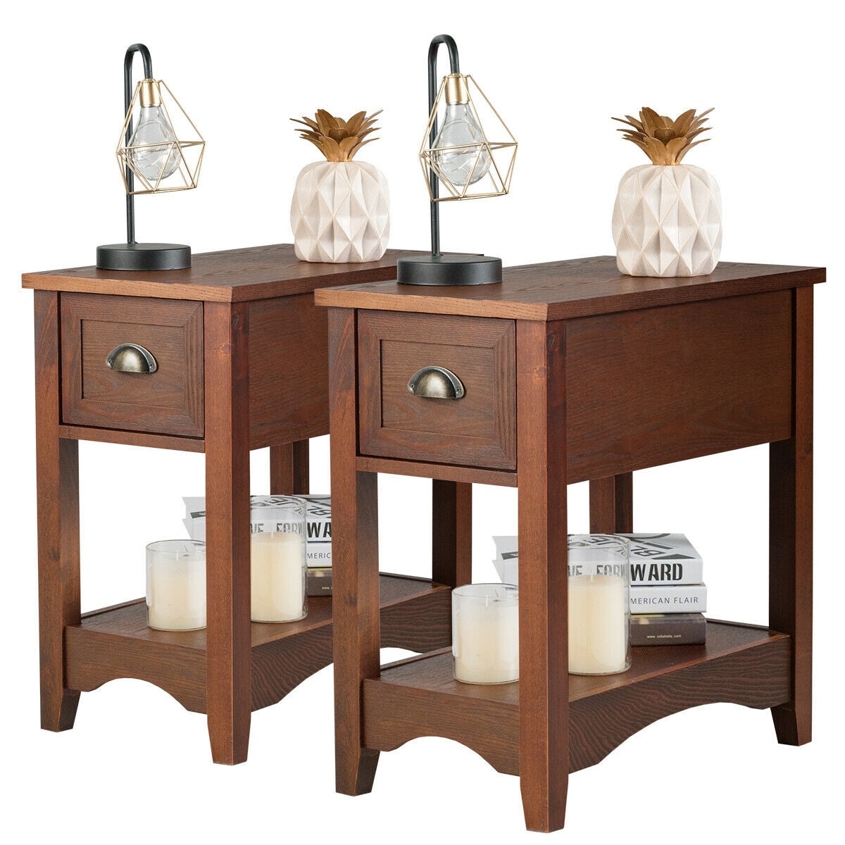 2 Pieces Retro Narrow Tiered End Table with Drawer and Storing Shelf