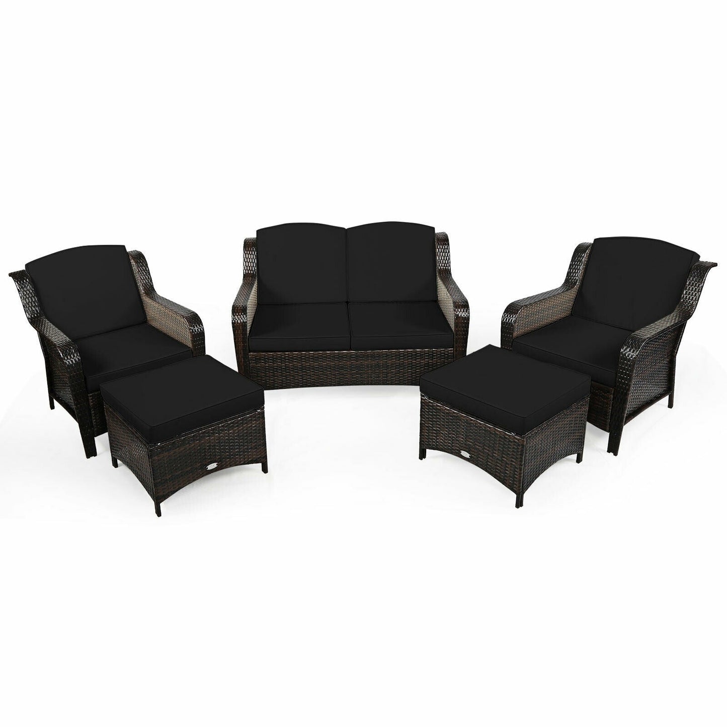 5 Pieces Patio Rattan Sofa Set with Cushion and Ottoman