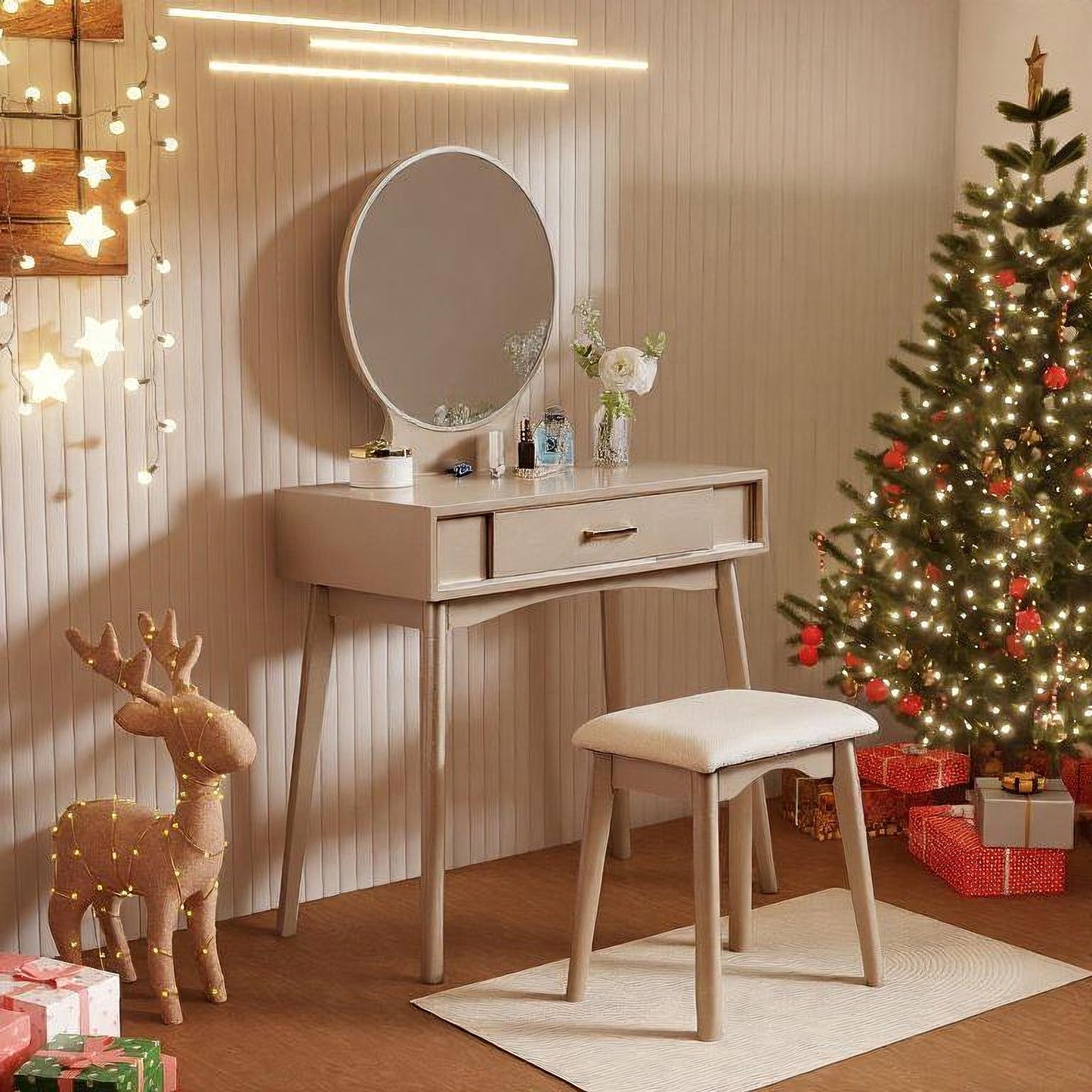 Maly Contemporary Wood Vanity and Stool Set