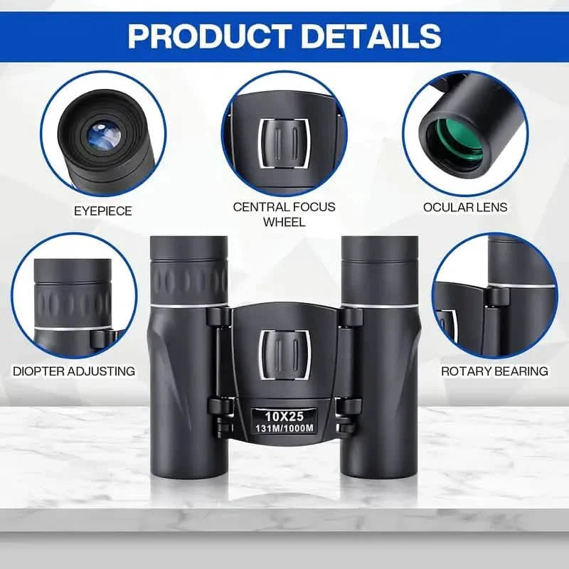Jumelles de poche haute puissance 10x25 avec adaptateur téléphonique – Compactes, légères, portables – Noires