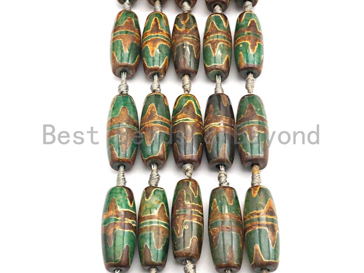 1pc/10pcs Natural Tibetan Agate Beads, Green Yellow Tibetan Long Oval Shape Beads, Dzi Agate Beads, 12x30mm, sku#U542