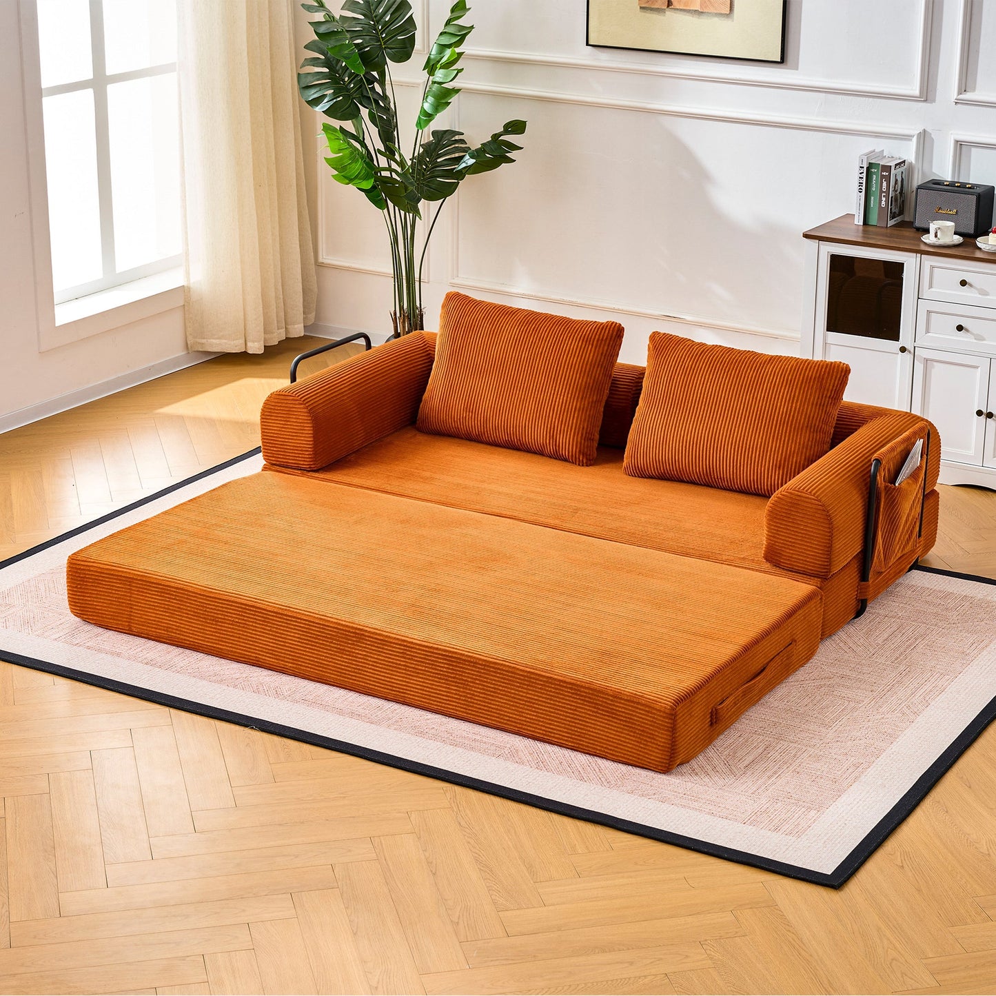 Convertible Sleeper Sofa Bed with Cylindrical Pillow - Orange