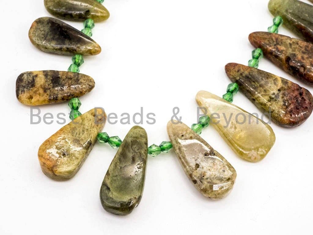 Natural Green Garnet beads, 18-32mm, Long Teardrop Green Brown Gemstone Beads, 15.5inch strand, SKU#U143