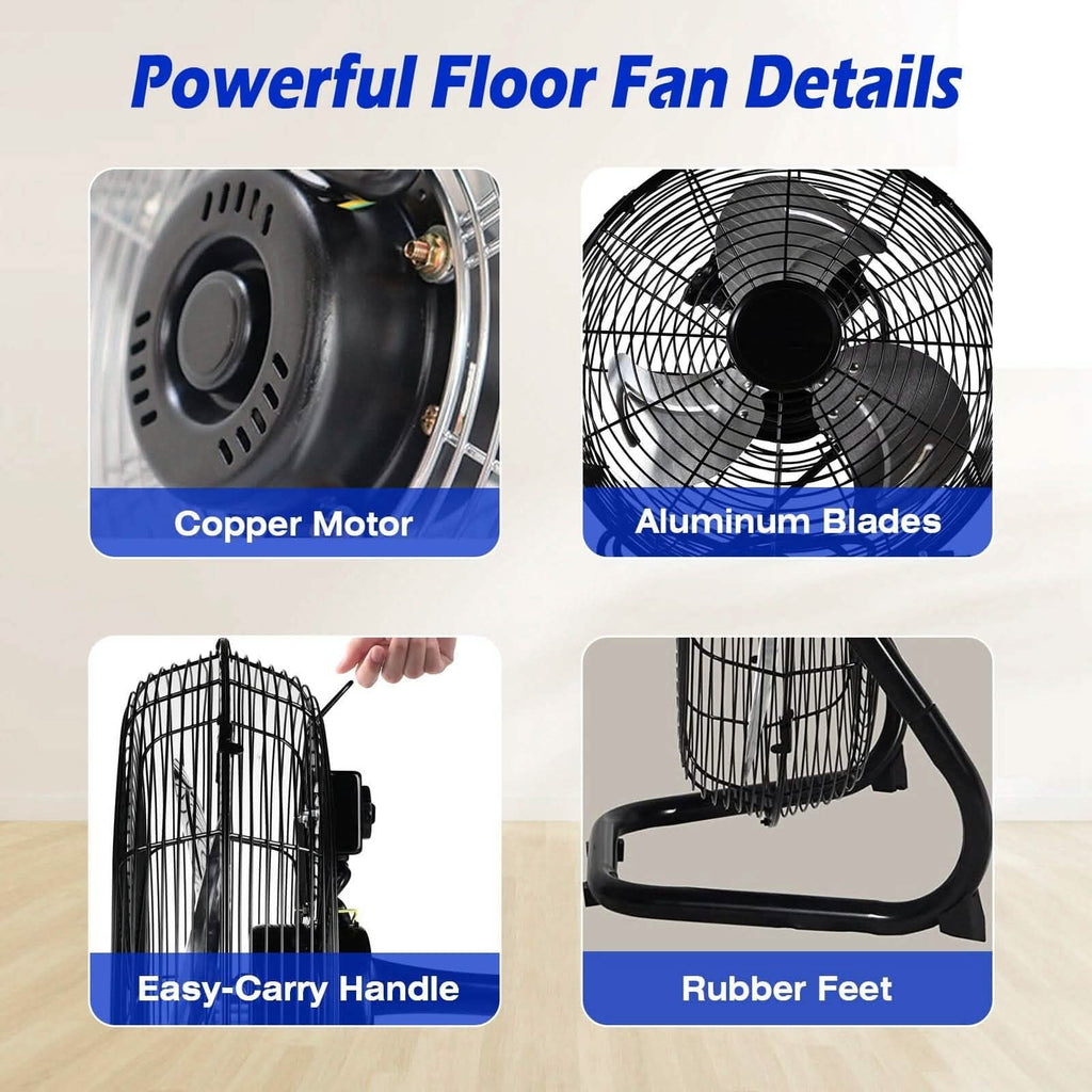 12" Floor Fan Copper Motor High-Velocity with 3 Adjustable Speeds
