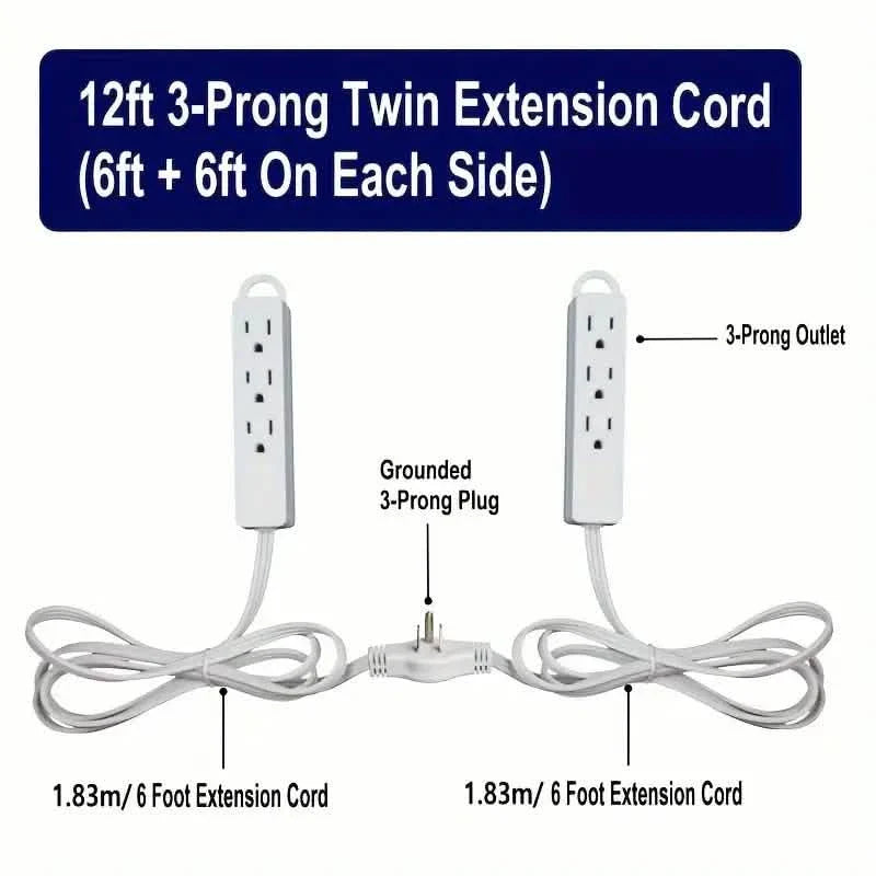 12-Foot Long Extension Cord Power Strip with 6 Feet on Each Side 13A 125V 1625W