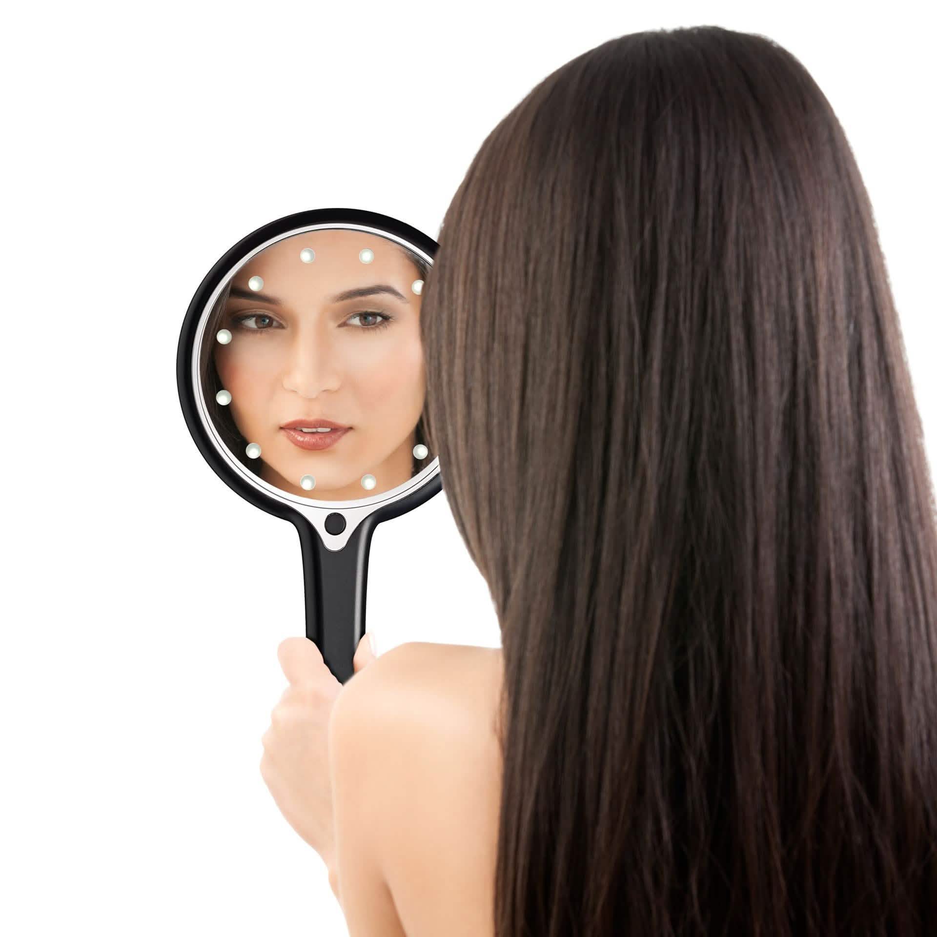 Miroir cosmétique à main éclairé 12 LED, Noir