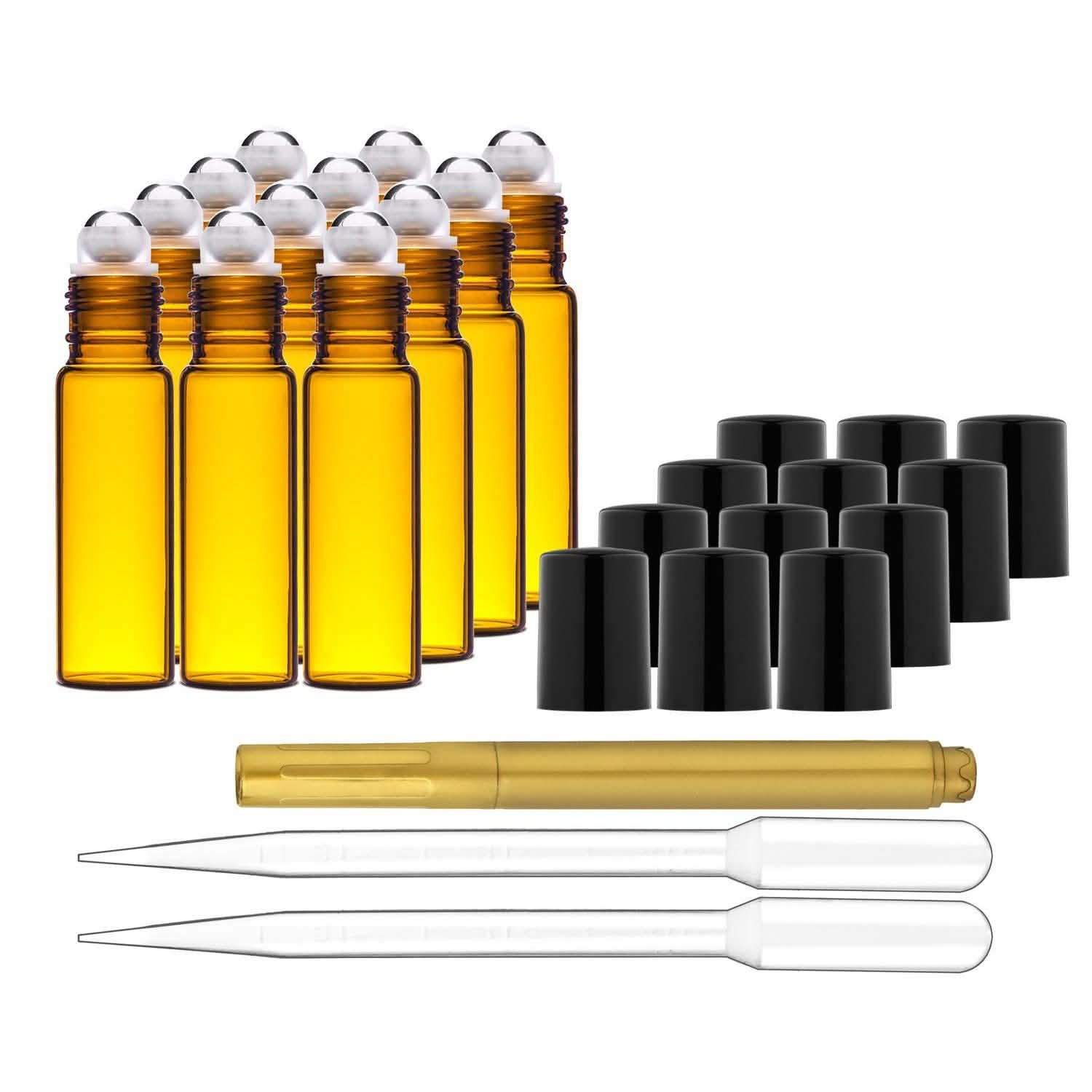 Paquet de 12 : Bouteilles en verre ambré de 10 ml avec billes roulantes en acier inoxydable