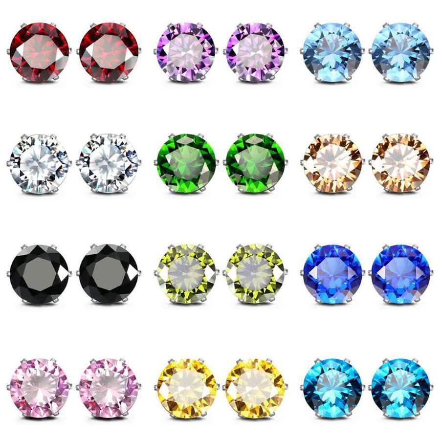 Lot de 12: Boucles d'oreilles clous en cristal rhodié pierre de naissance