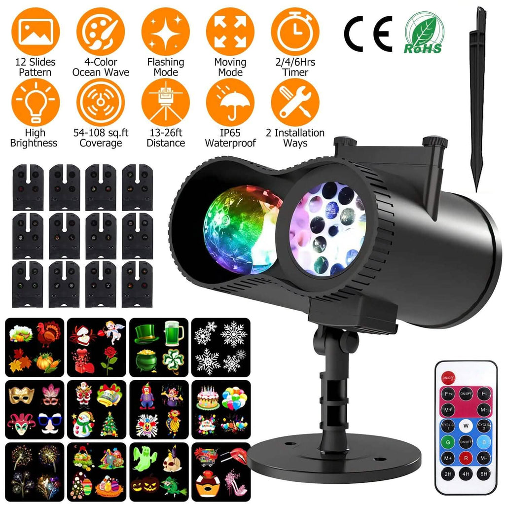 12 Patterns LED Projector Lights IP65 Waterproof Ocean Wave Projector Lamp with Remote Control Timer