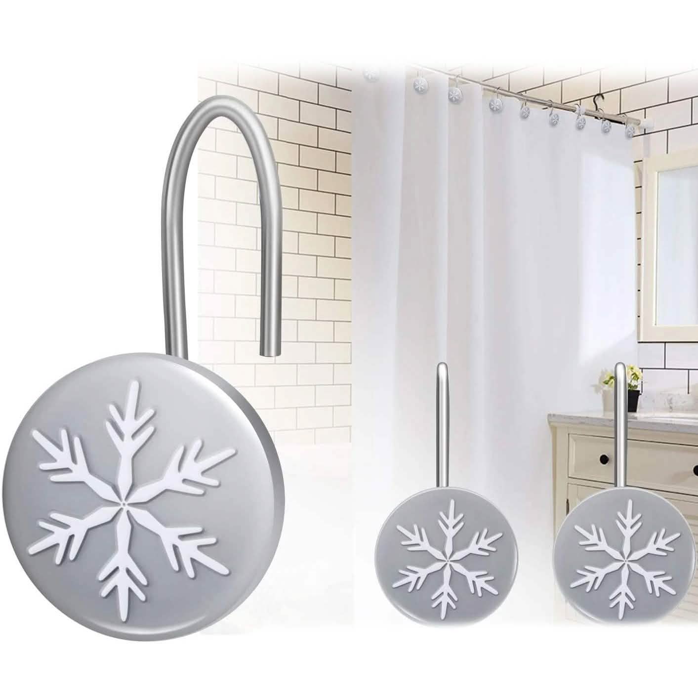 Lot de 12 crochets de rideau de douche ronds anti-rouille flocon de neige de Noël