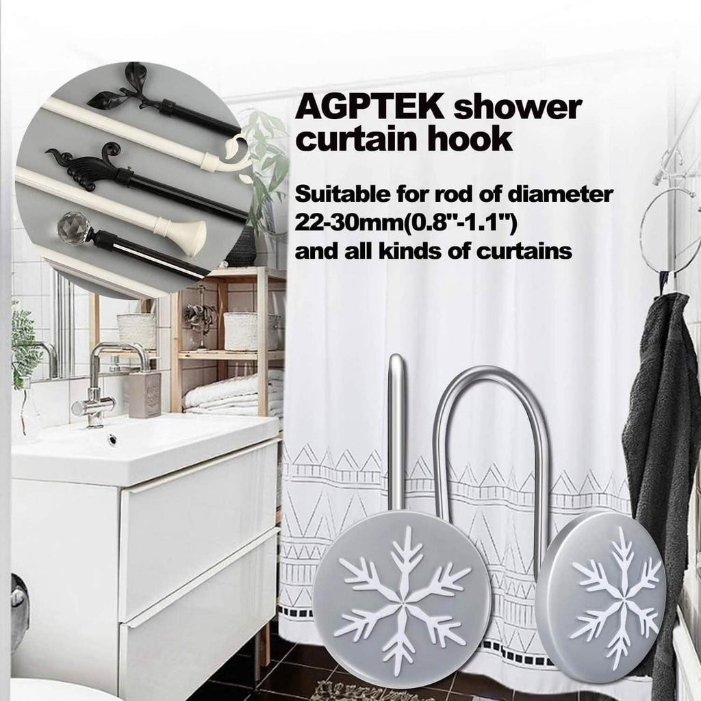 Lot de 12 crochets de rideau de douche ronds anti-rouille flocon de neige de Noël
