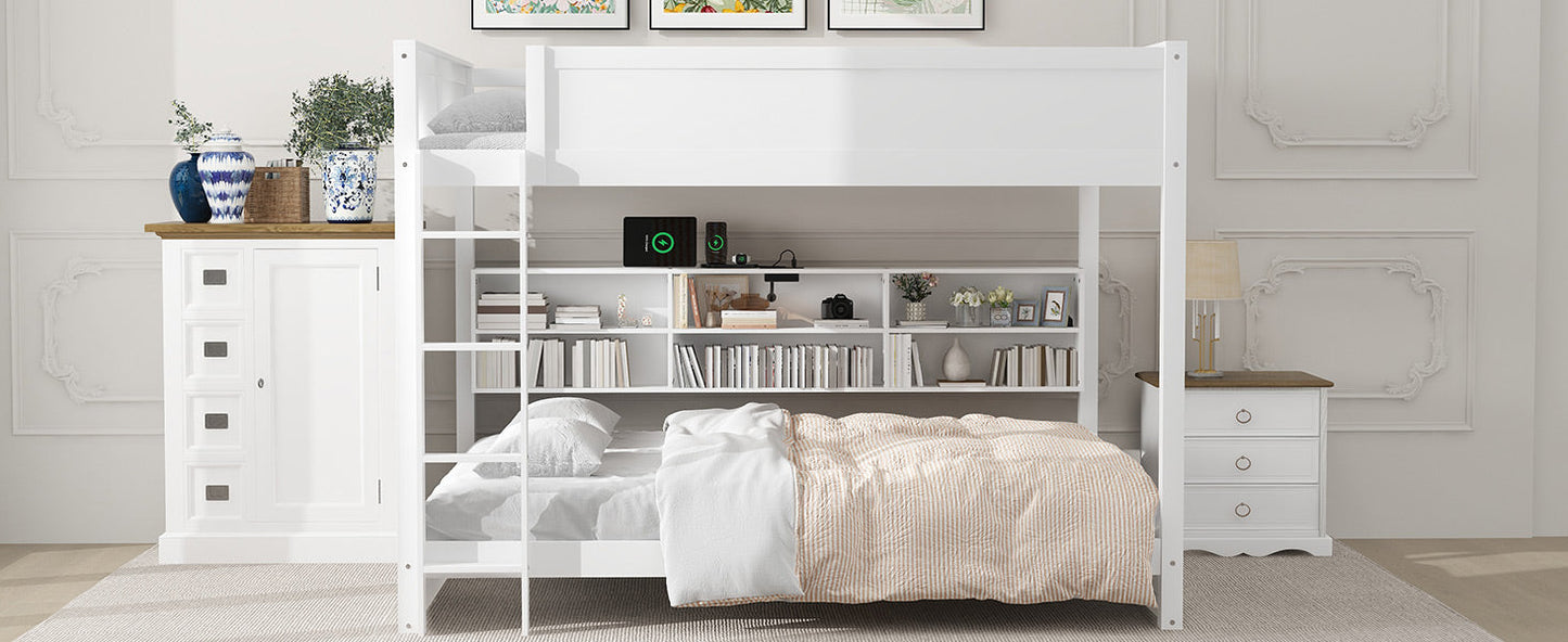 Queen Over Queen Bunk Bed with Storage Cabinets and USB Ports