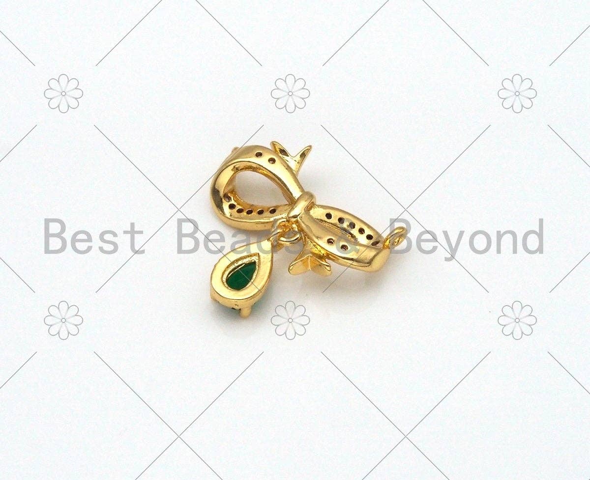 Emerald Green Teardrop CZ Micro Pave Bowknot Shape Pendant/Charm,18K Gold Filled Charm, Necklace Bracelet Charm Pendant,20x19mm,Sku#LK401