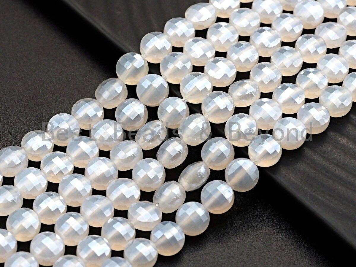 Double Sided Turtle Shell Cut Plated Agate Coin Shape beads, 6mm/8mm/10mm White Agate, Natural Gemstone Beads, 15.5" Full strand, Sku#UA05