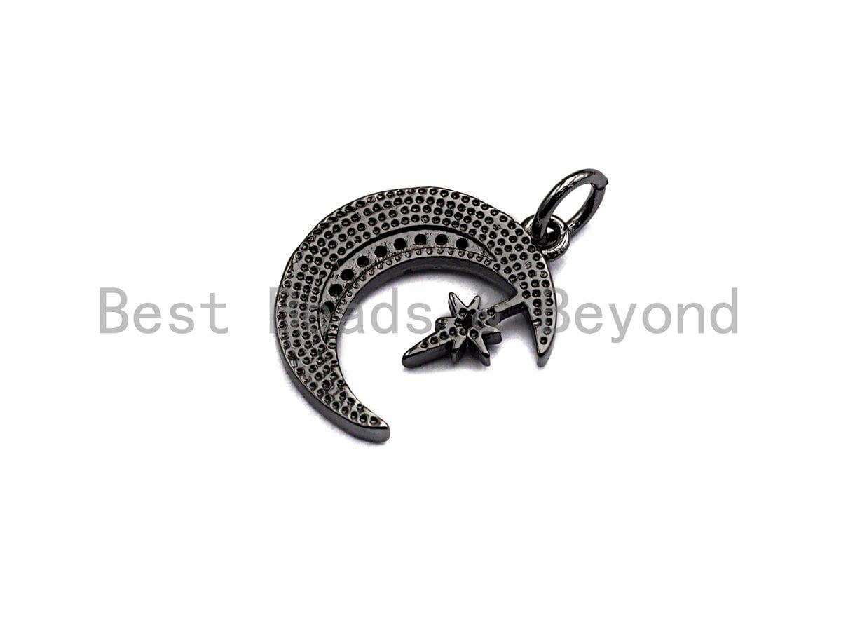 CZ Micro Pave Crescent Moon With North Star Pendant, Cubic Zirconia Pendant, Silver/Gold/Rose Gold/Black Tone,13x17mm, Sku#Z485