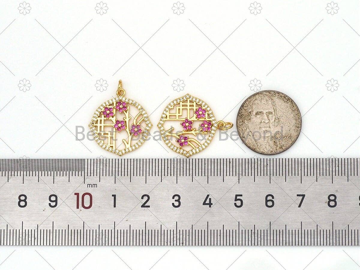 Fuchsia CZ Micro Pave Flower On Round Frame Shape Pendant,18K Gold Filled Flower Charm, Necklace Bracelet Charm Pendant, 21x21mm, Sku#LK469
