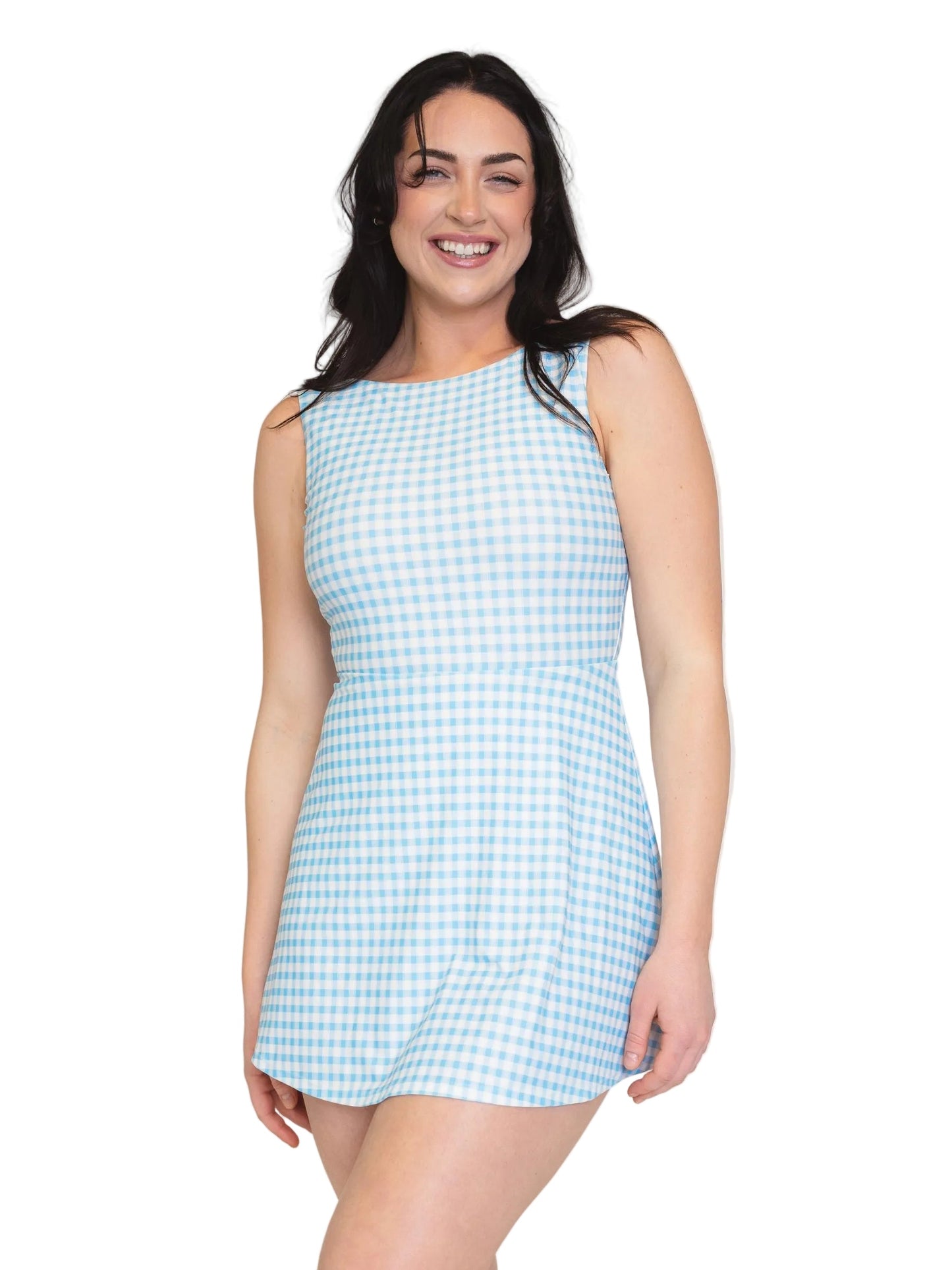 Sky Gingham Boat-Neck Swim Dress