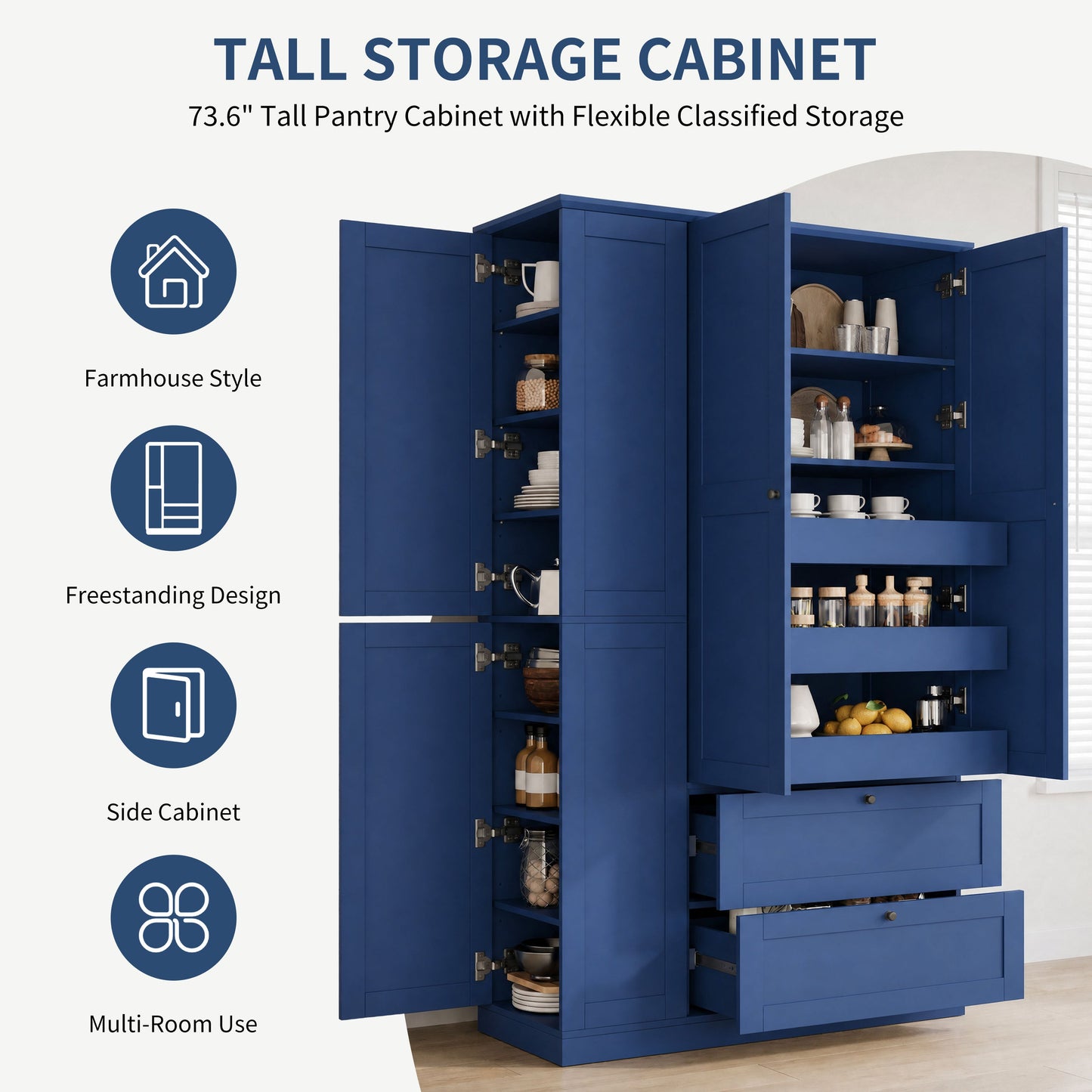 TOPMAX 73.6" Tall Farmhouse Kitchen Pantry Cabinet