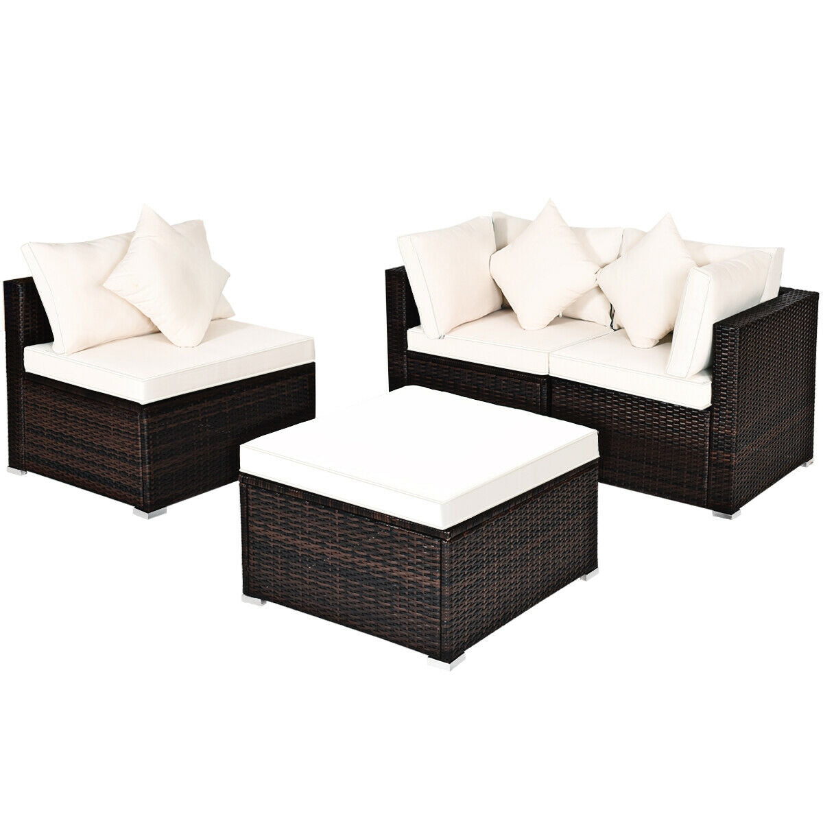 4 Pieces Ottoman Garden Patio Rattan Wicker Furniture Set with Cushion-Gray