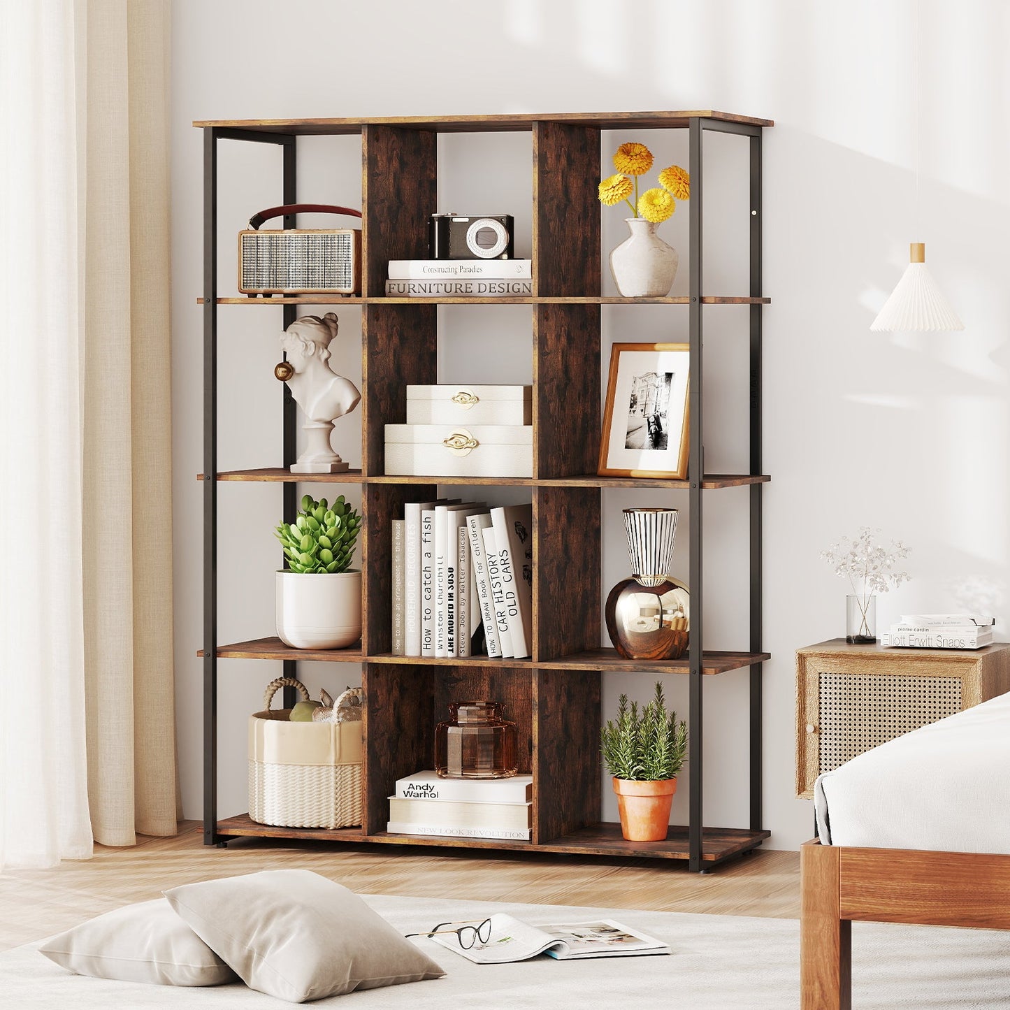 12-Cube Bookcase with 2 Anti-tipping Kits for Living Room-Rustic Brown