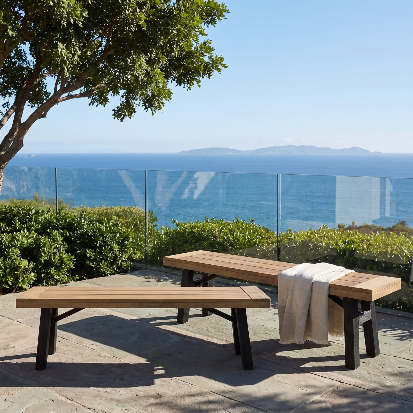 Outdoor Bench with Slat Panel Design and Acacia Wood Frame (Set of 2)