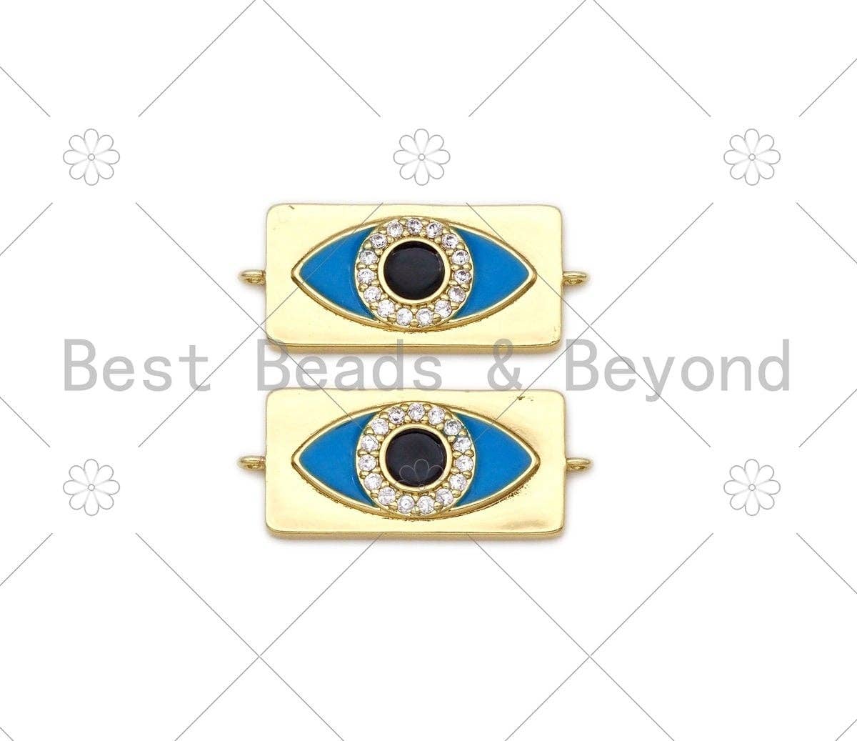 Turquoise Blue Enamel Evil Eye On Rectangle Shape Connector, 18K Gold Filled CZ Micro Pave Enamel Link,Enamel Jewelry,30x13mm,Sku#L596