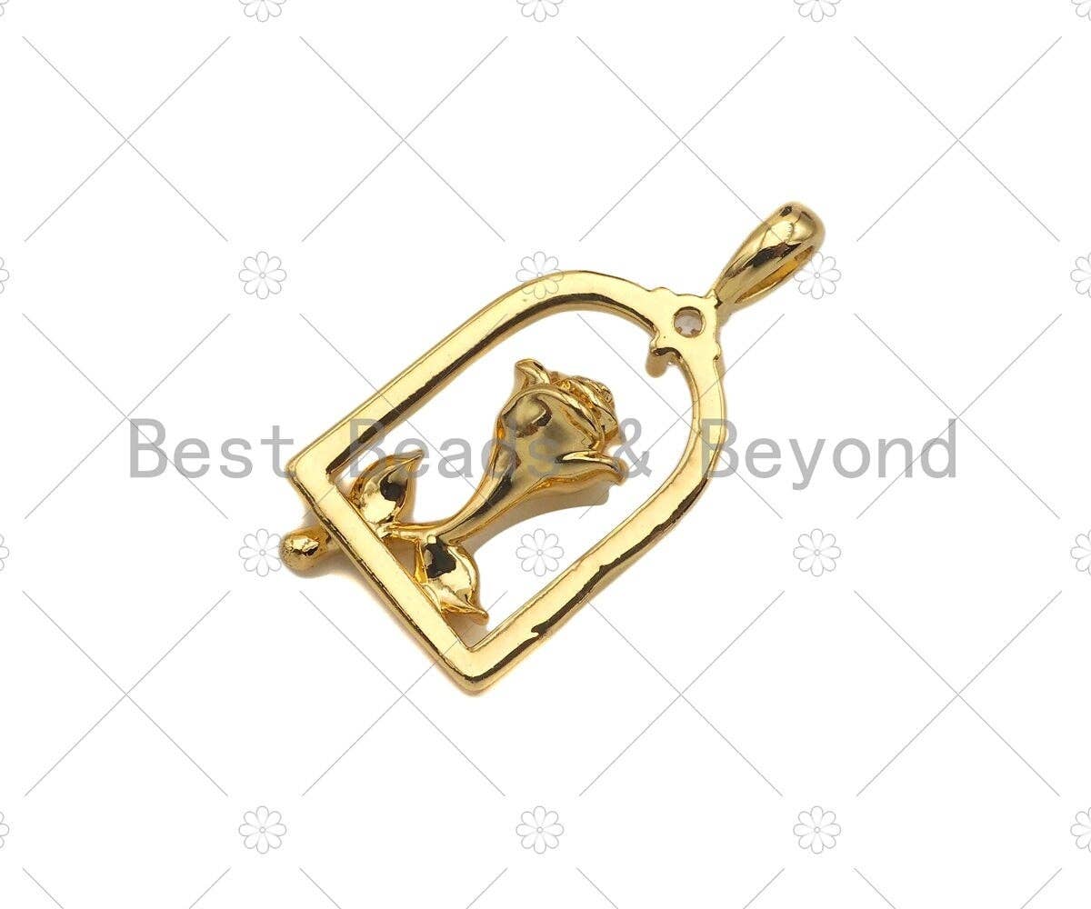 CZ Micro Pave Rose Flower On Birdcage Frame Shape Pendant/Charm, 18K Gold Charm, Necklace Bracelet Charm Pendant,11x23mm, Sku#LK259